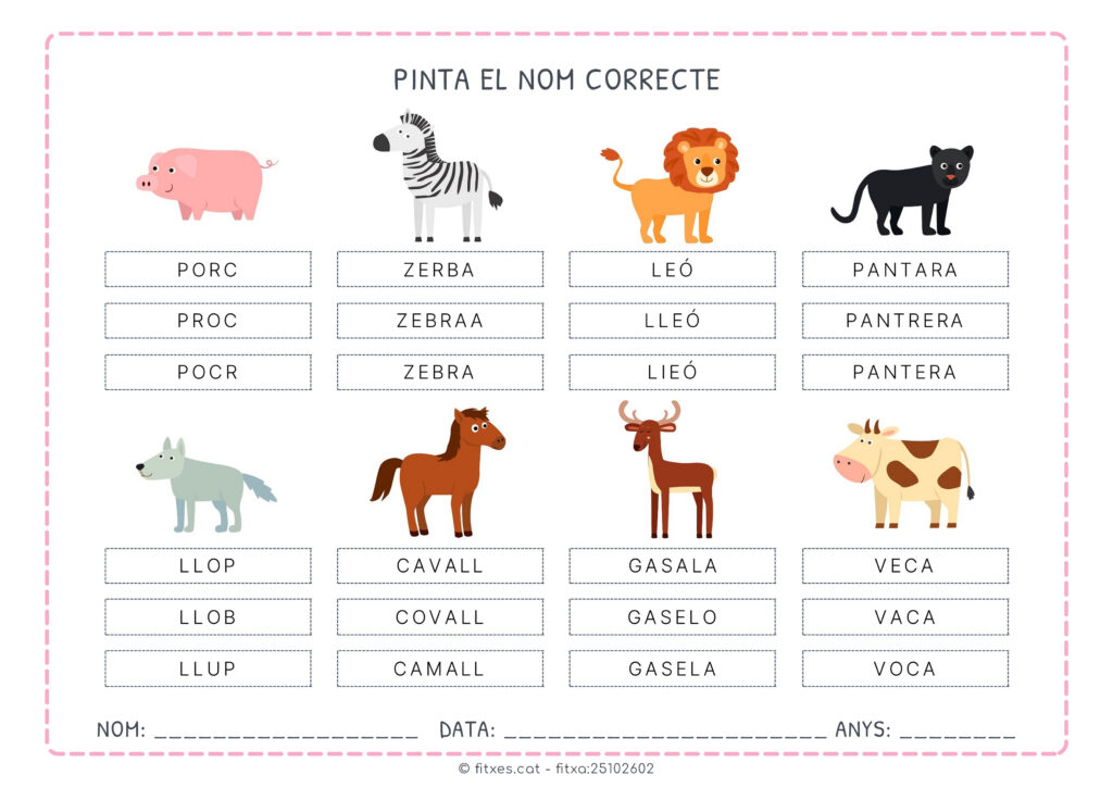 Fitxa d’ortografia amb noms d’animals per a 1r de Primària.