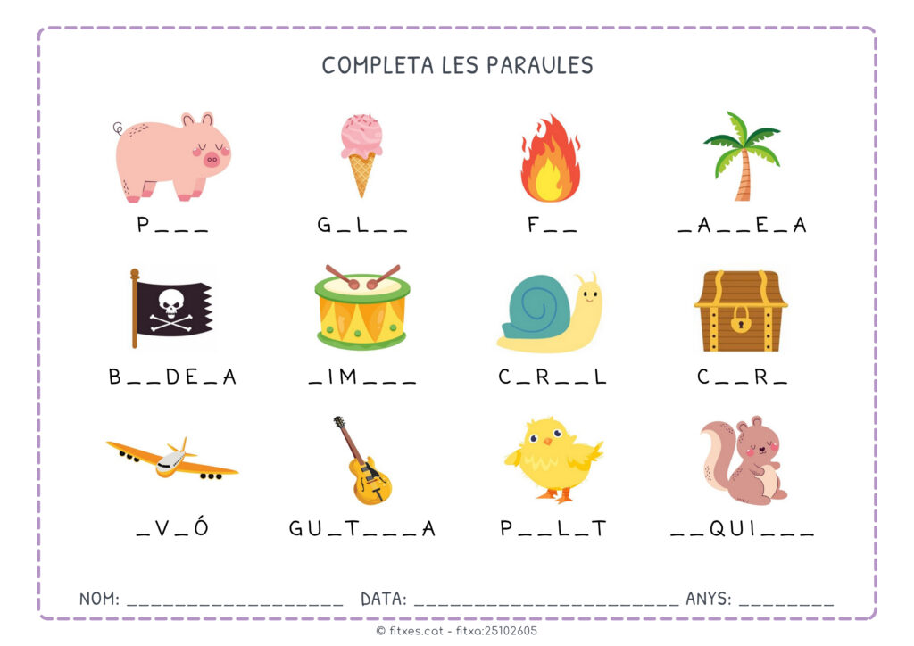 Activitat imprimible per completar paraules a 1r de Primària en català.