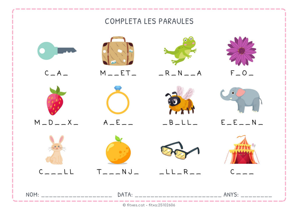 Fitxa per treballar l’escriptura i l’ortografia en català amb imatges.