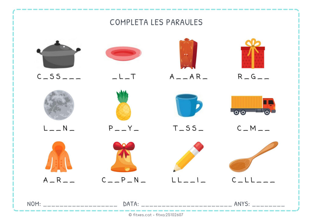 Activitat de lectura i escriptura per completar paraules amb imatges (1r de Primària).