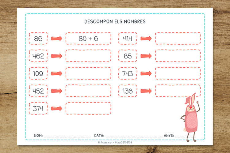 Exemple de fitxa per descompondre nombres en unitats, desenes i centenes (2n de Primària).