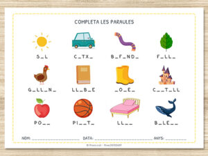 Exemple de fitxa per completar paraules amb imatges en català (1r de Primària).