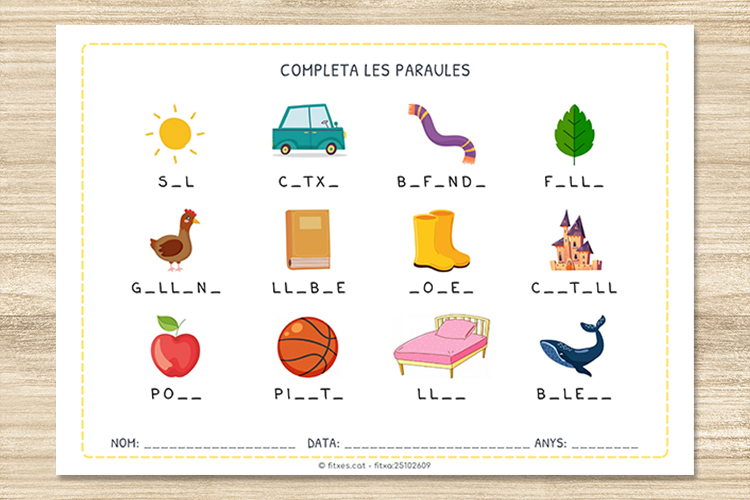 Exemple de fitxa per completar paraules amb imatges en català (1r de Primària).