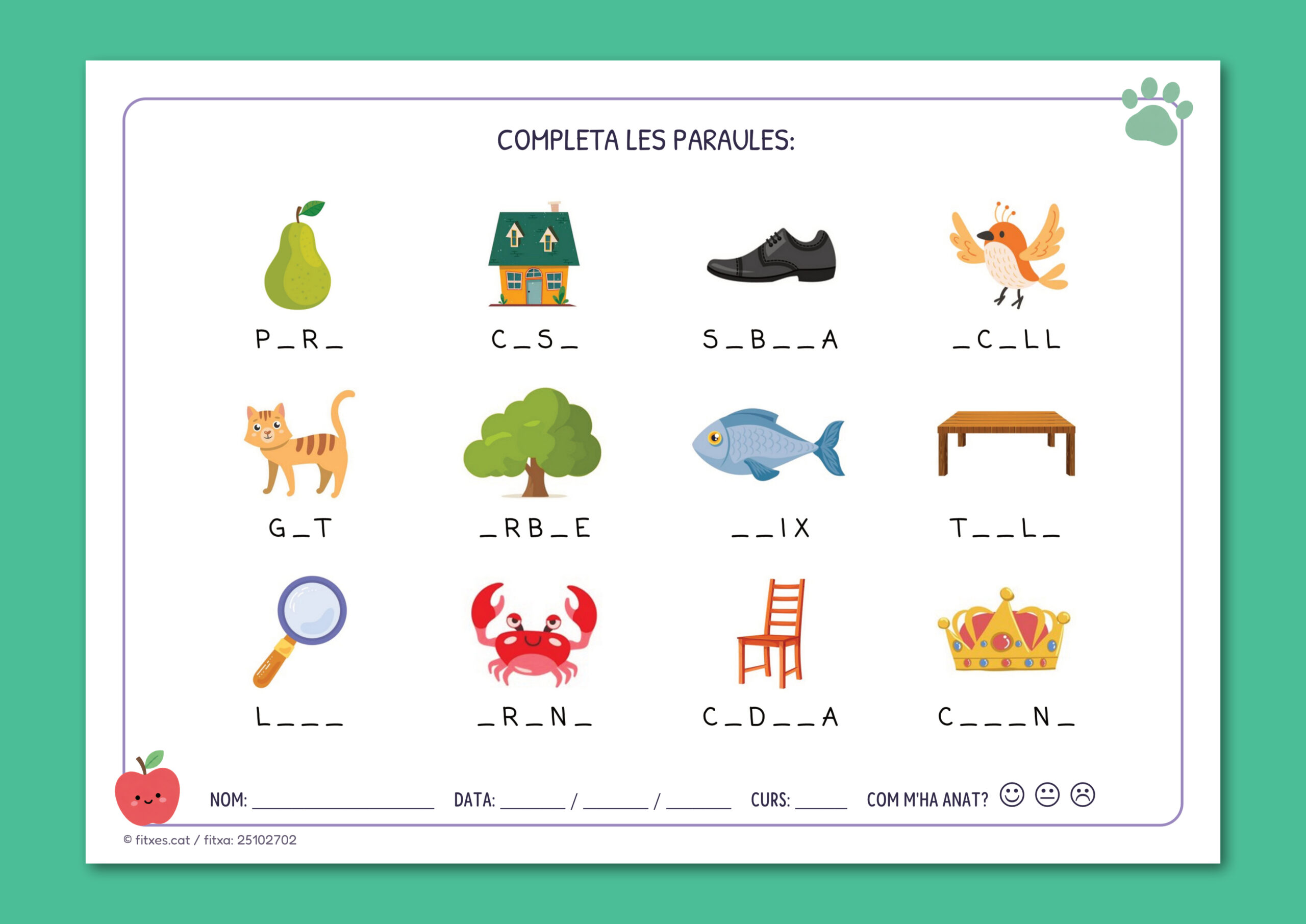 Activitat imprimible per completar paraules a 1r de Primària en català.