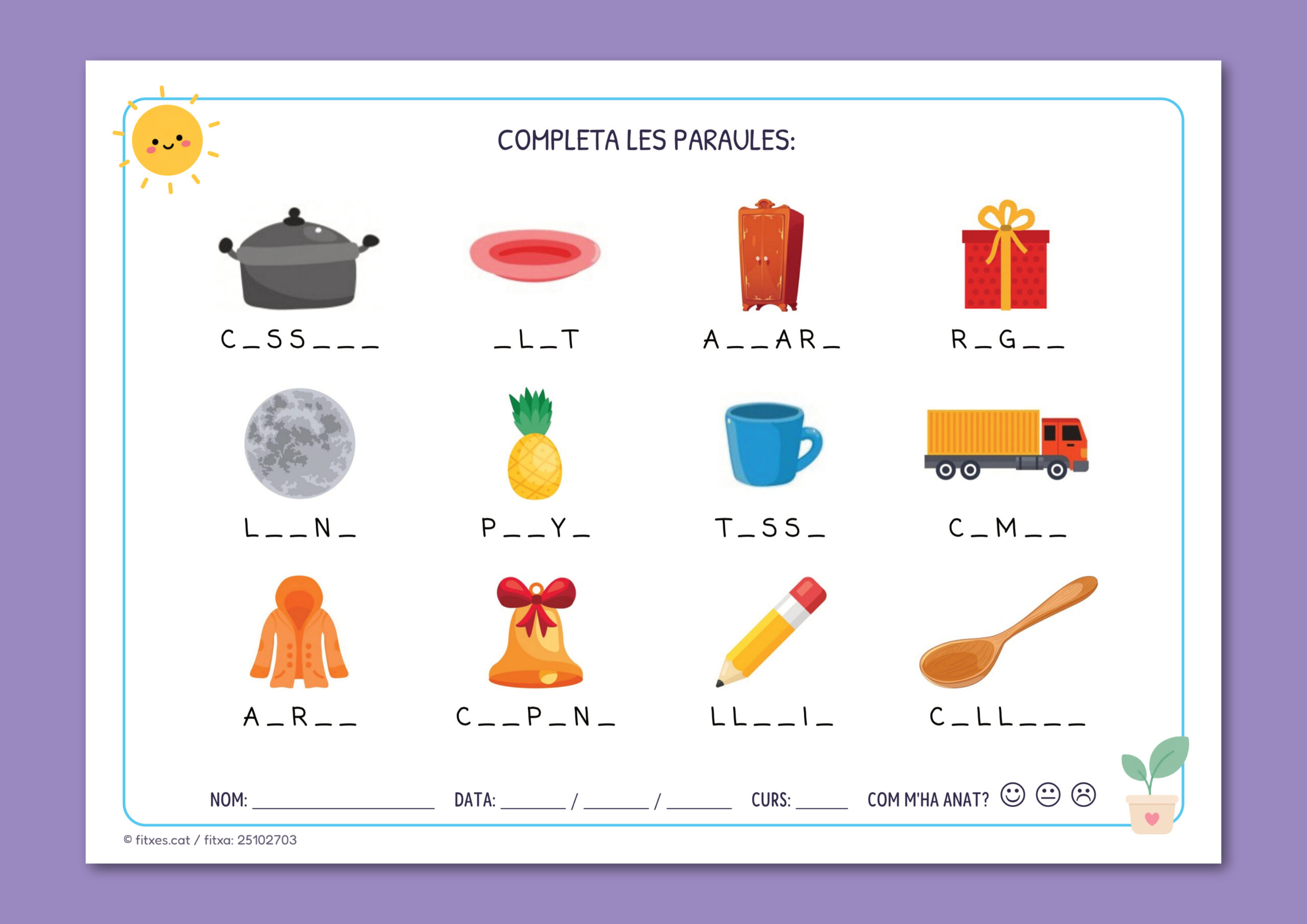Activitat imprimible per completar paraules a 1r de Primària en català.