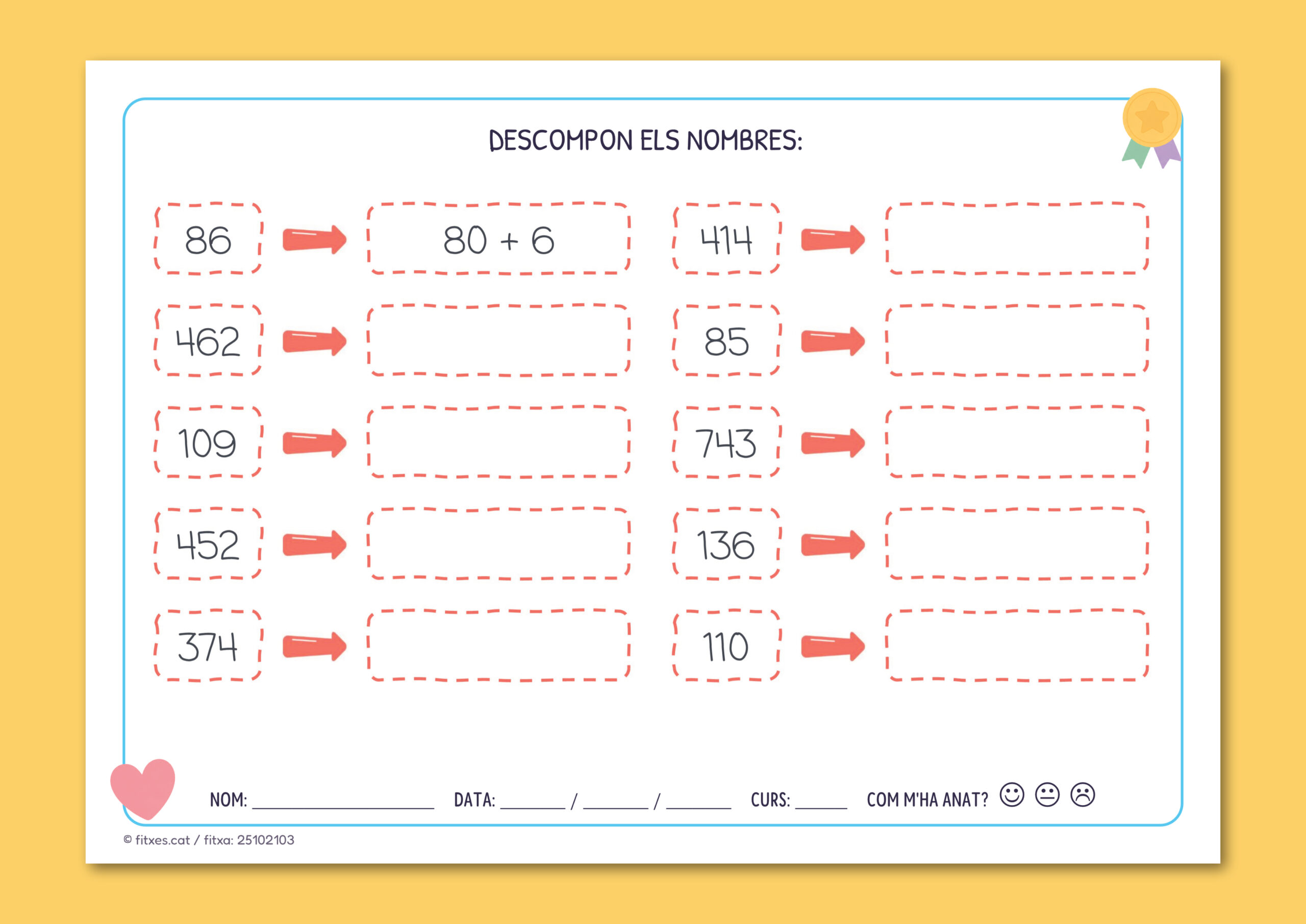 Activitat imprimible per descompondre nombres per a 2n de Primària en català.