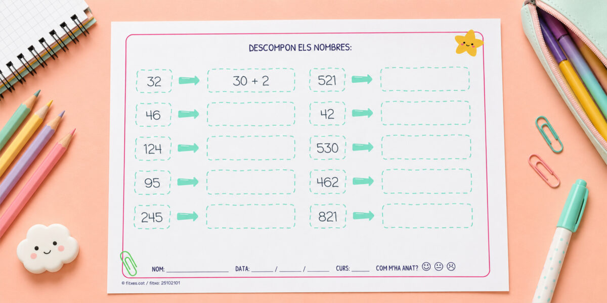 Fitxa per descompondre nombres en unitats i desenes per a 2n de Primària en català.