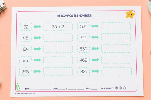 Fitxa per descompondre nombres en unitats i desenes per a 2n de Primària en català.