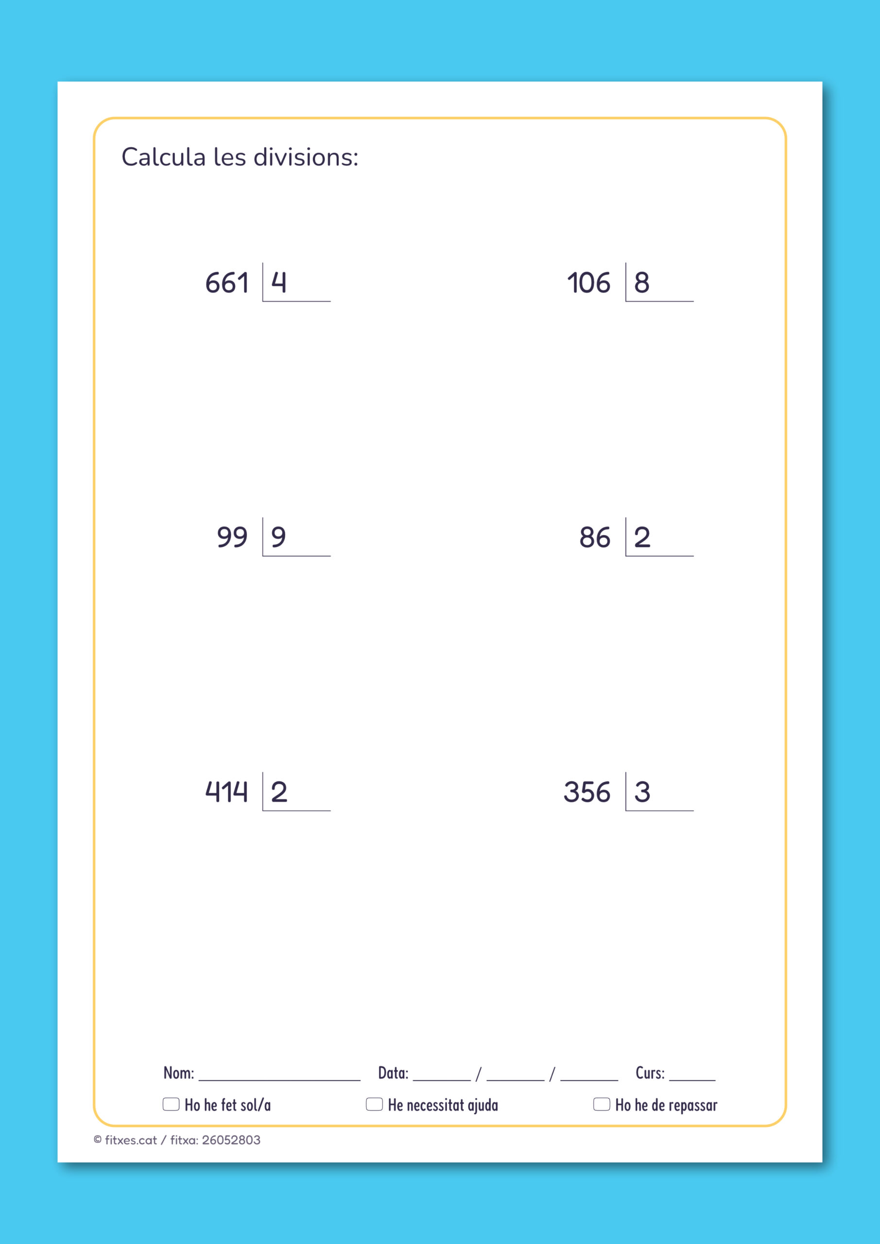 Activitat imprimible de divisions de 2 i 3 xifres per a 4t de Primària en català.