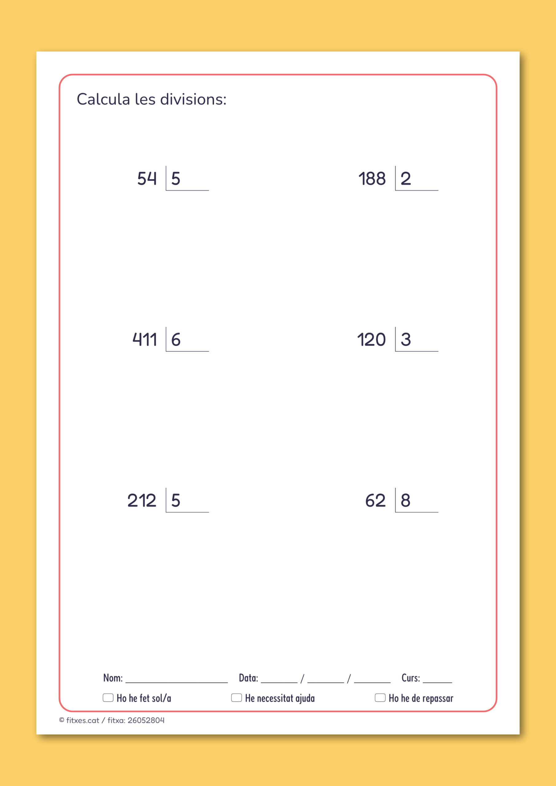 Activitat imprimible de divisions de 2 i 3 xifres per a 4t de Primària en català.