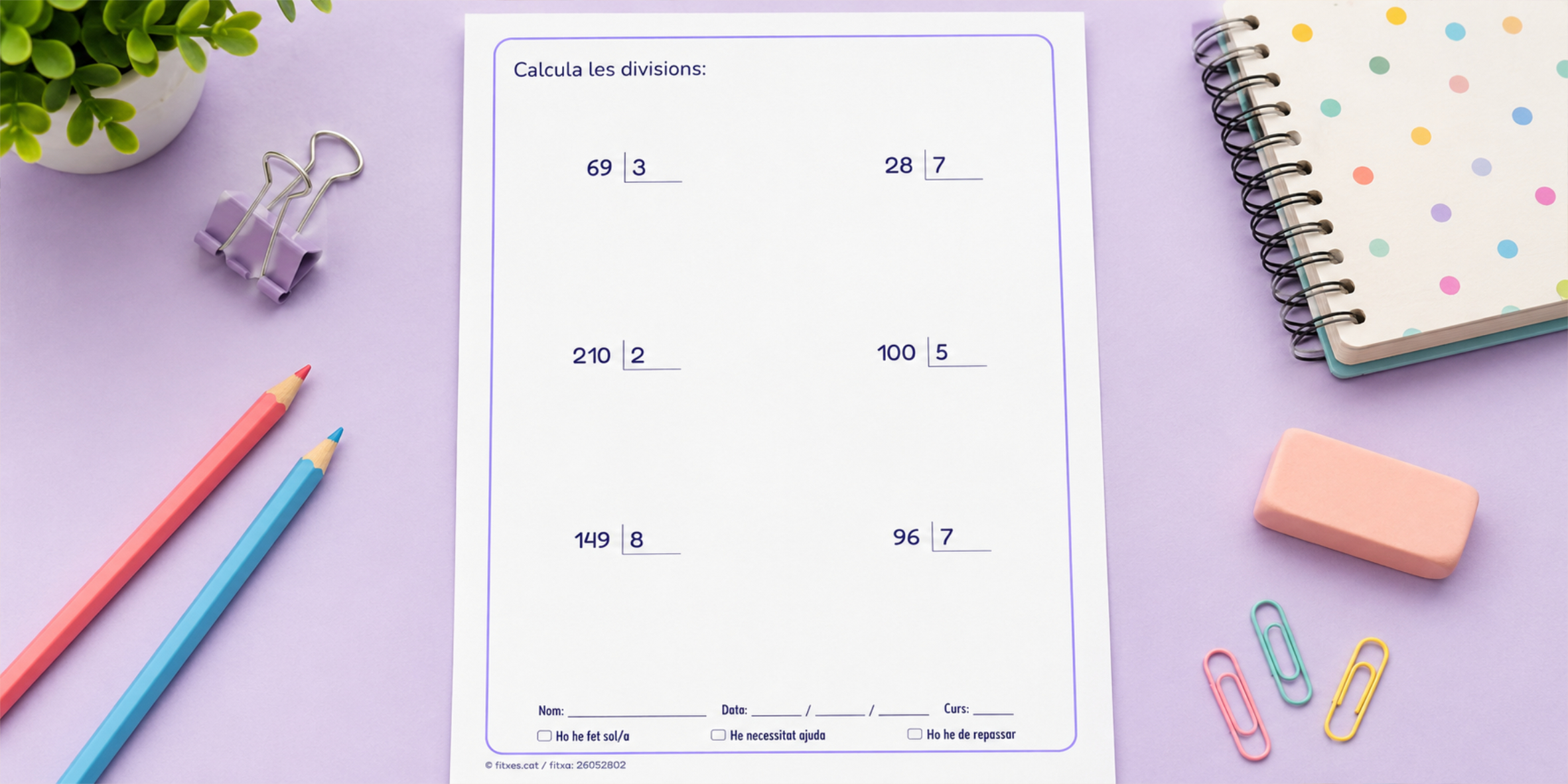 Fitxa de divisions de 2 i 3 xifres per a 4t de Primària en català.