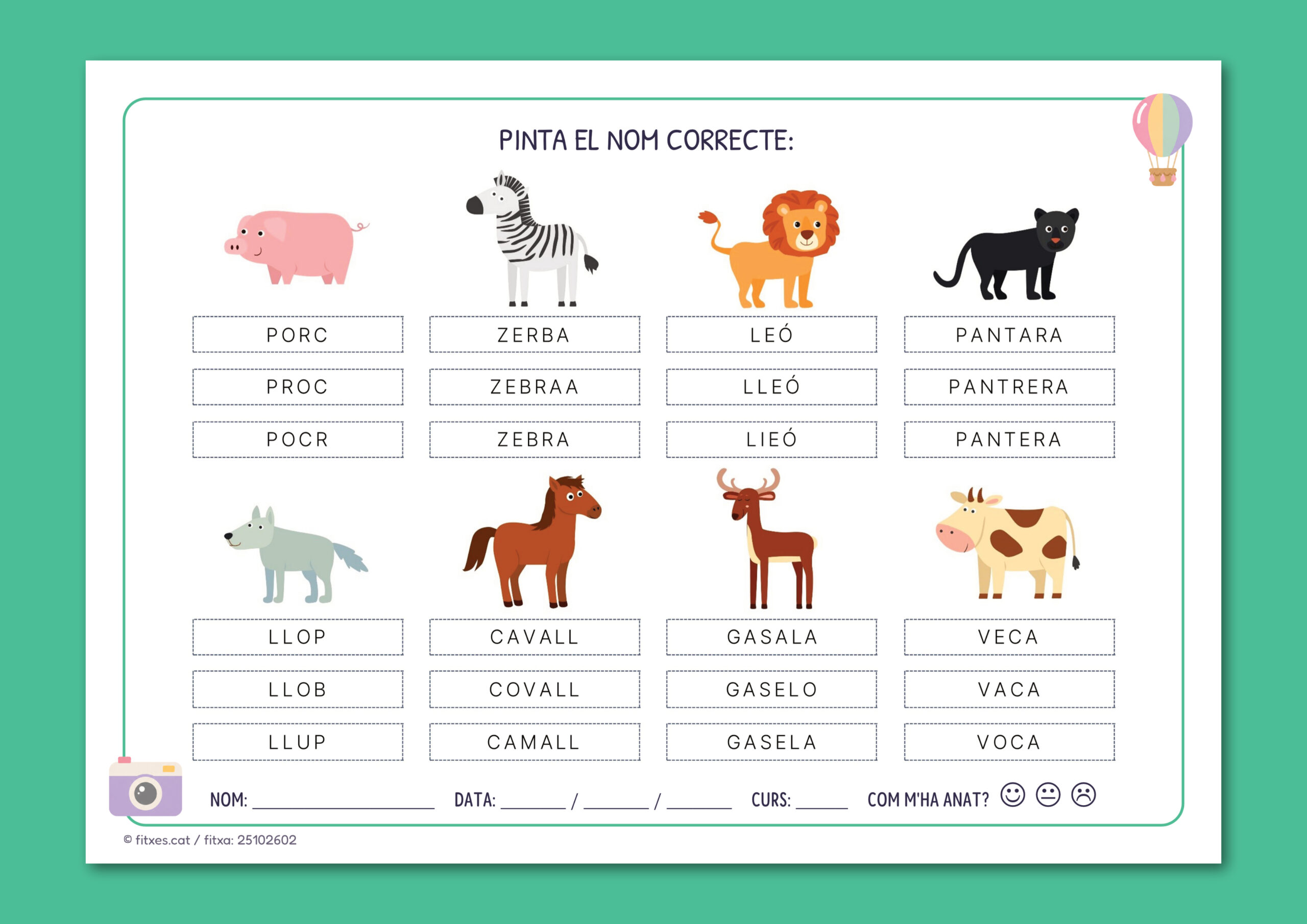 Activitat imprimible per identificar i pintar el nom correcte d'animals salvatges per a 1r i 2n de Primària.