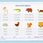 Fitxa per pintar el nom correcte d'animals per a 1r i 2n de Primària en català.