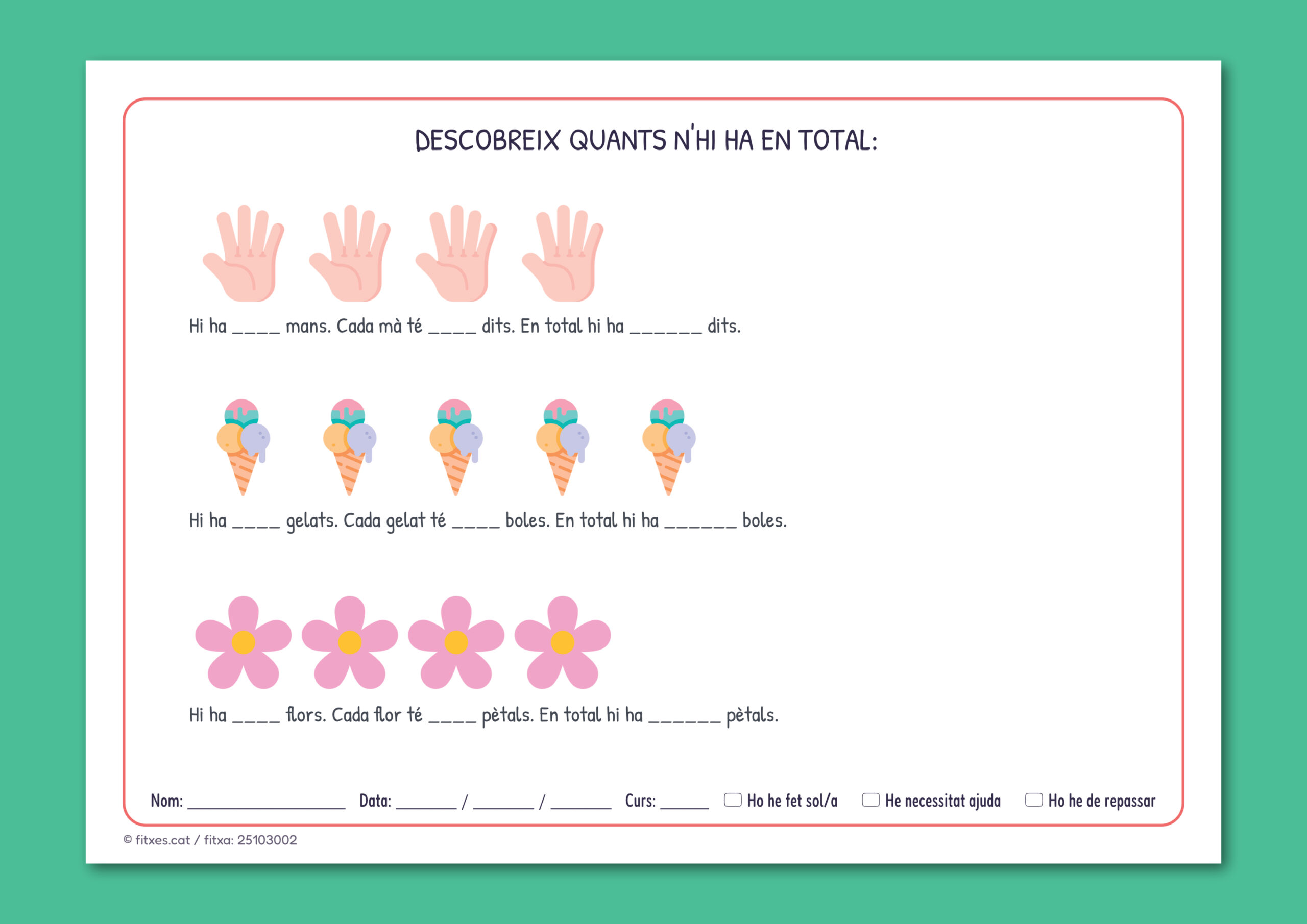 Activitat imprimible per comptar grups i trobar el total per a 1r i 2n de Primària en català.
