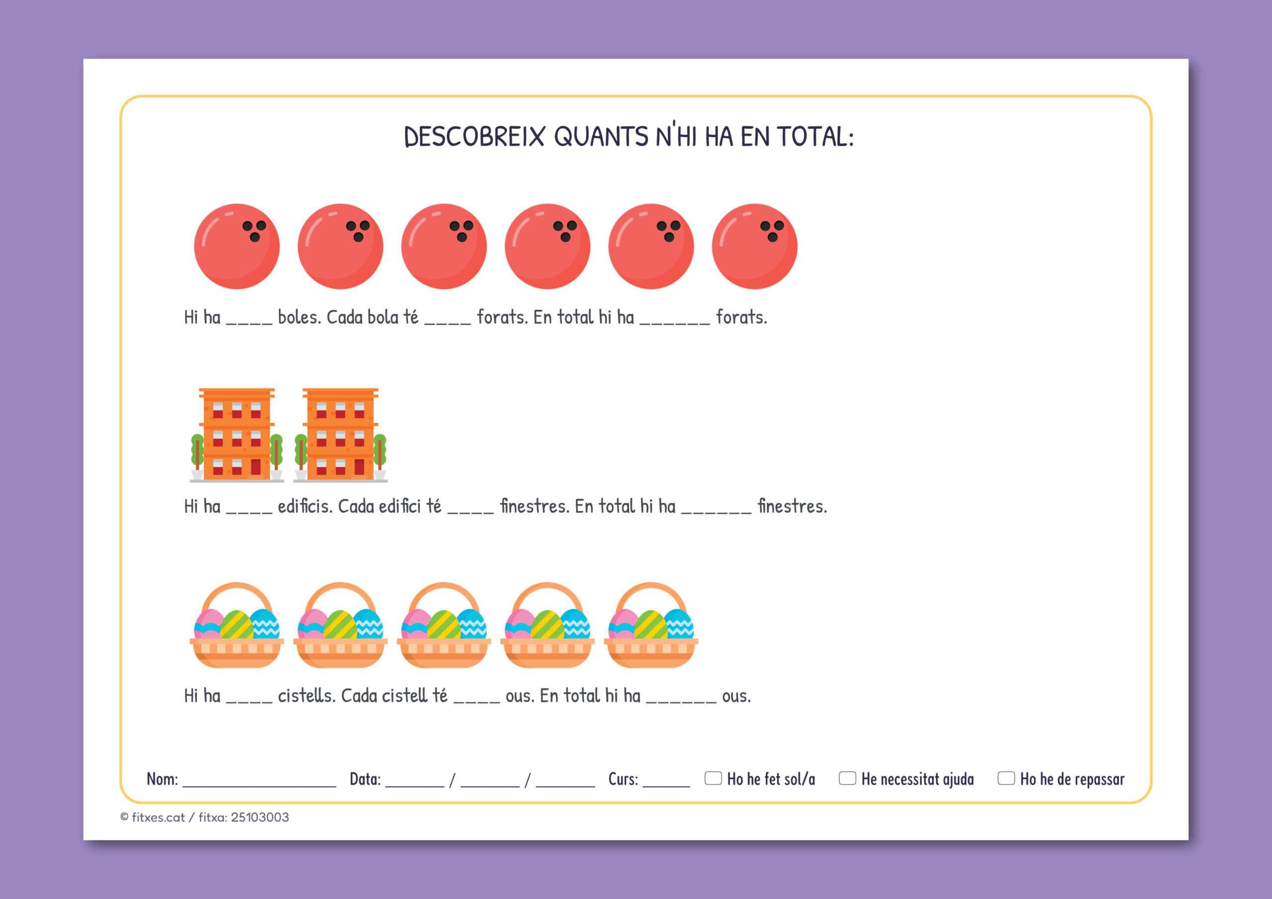 Activitat imprimible per comptar grups i trobar el total per a 1r i 2n de Primària en català.