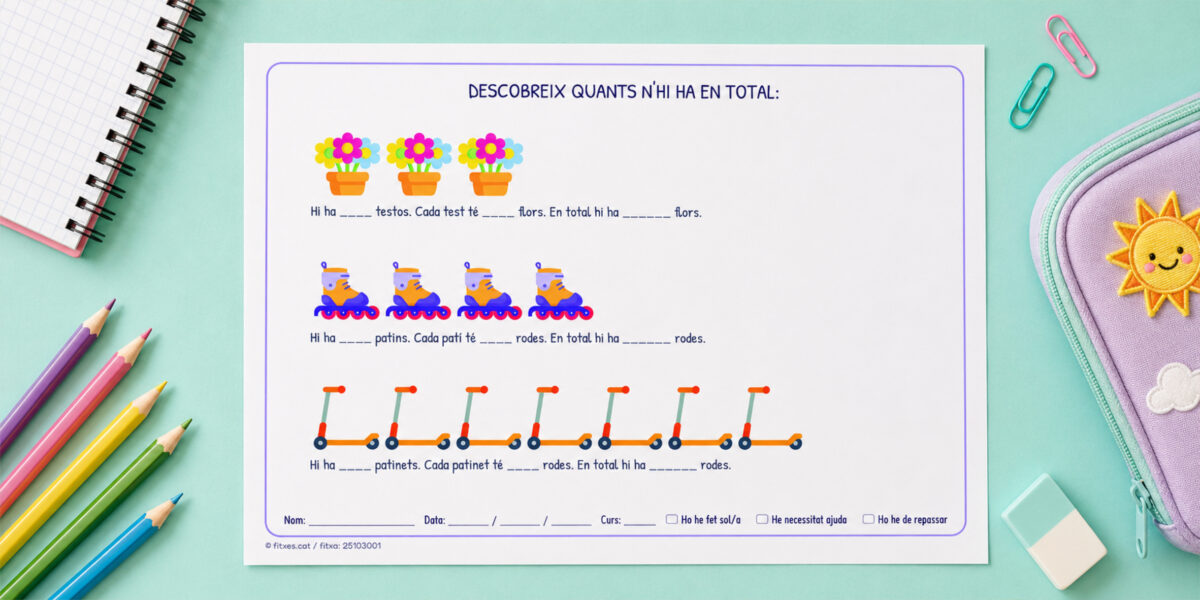 Fitxa per descobrir quants n'hi ha en total, introducció a la multiplicació per a 1r i 2n de Primària en català.