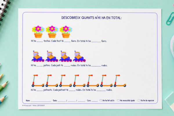 Fitxa per descobrir quants n'hi ha en total, introducció a la multiplicació per a 1r i 2n de Primària en català.