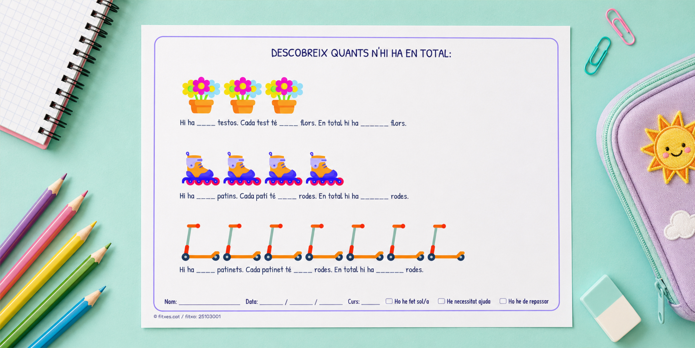 Fitxa per descobrir quants n'hi ha en total, introducció a la multiplicació per a 1r i 2n de Primària en català.