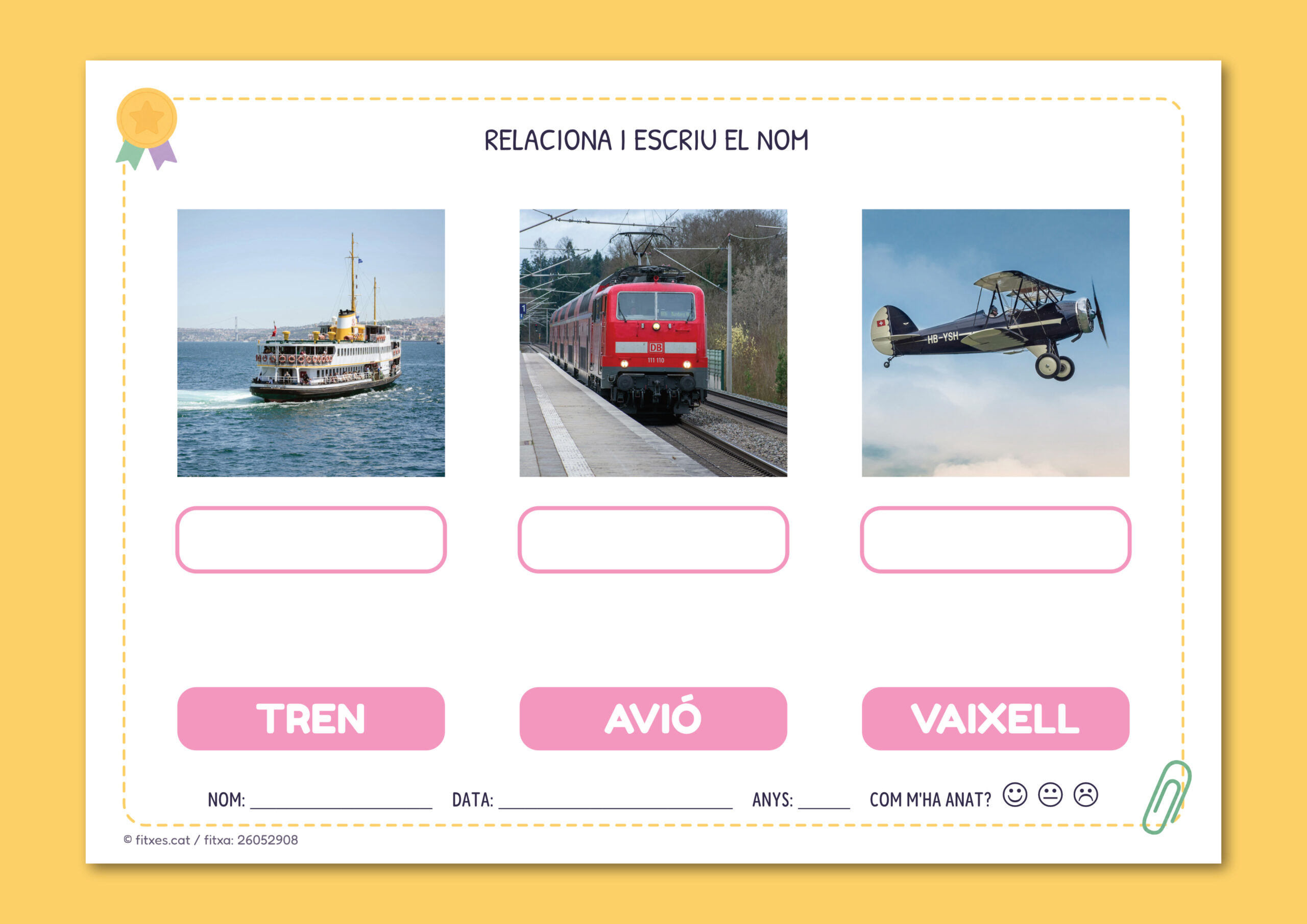 Activitat imprimible per relacionar fotos i escriure el nom per a I4 i I5 en català.