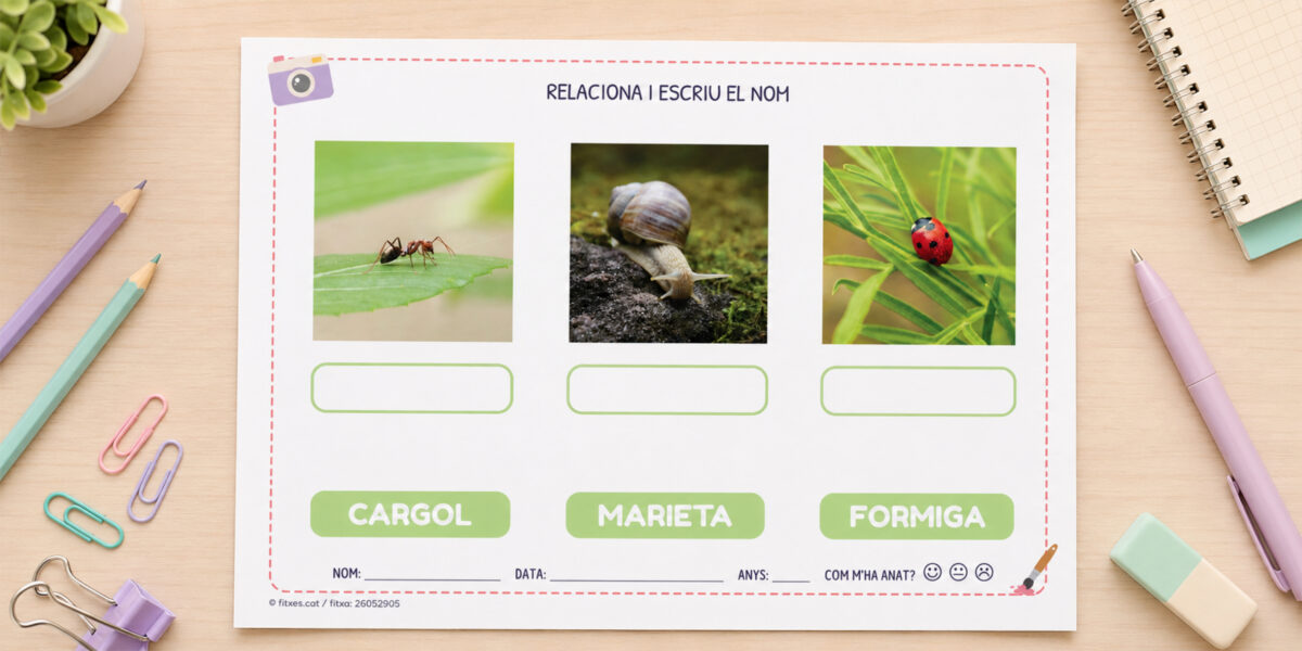 Fitxa per relacionar imatges reals i escriure el nom per a I4 i I5 en català.