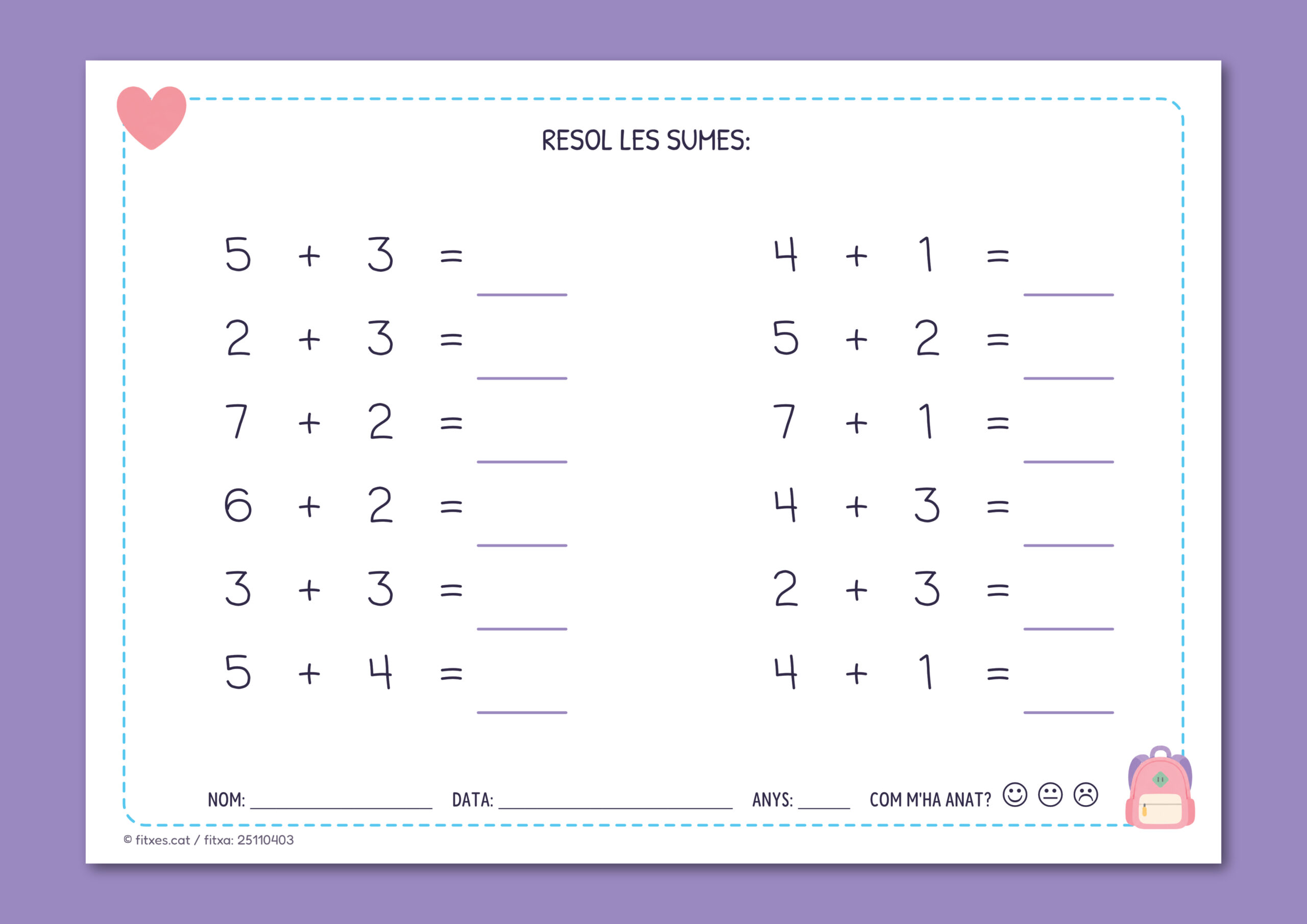 Activitat imprimible de sumes senzilles fins a 10 per a I5 i 1r de Primària en català.