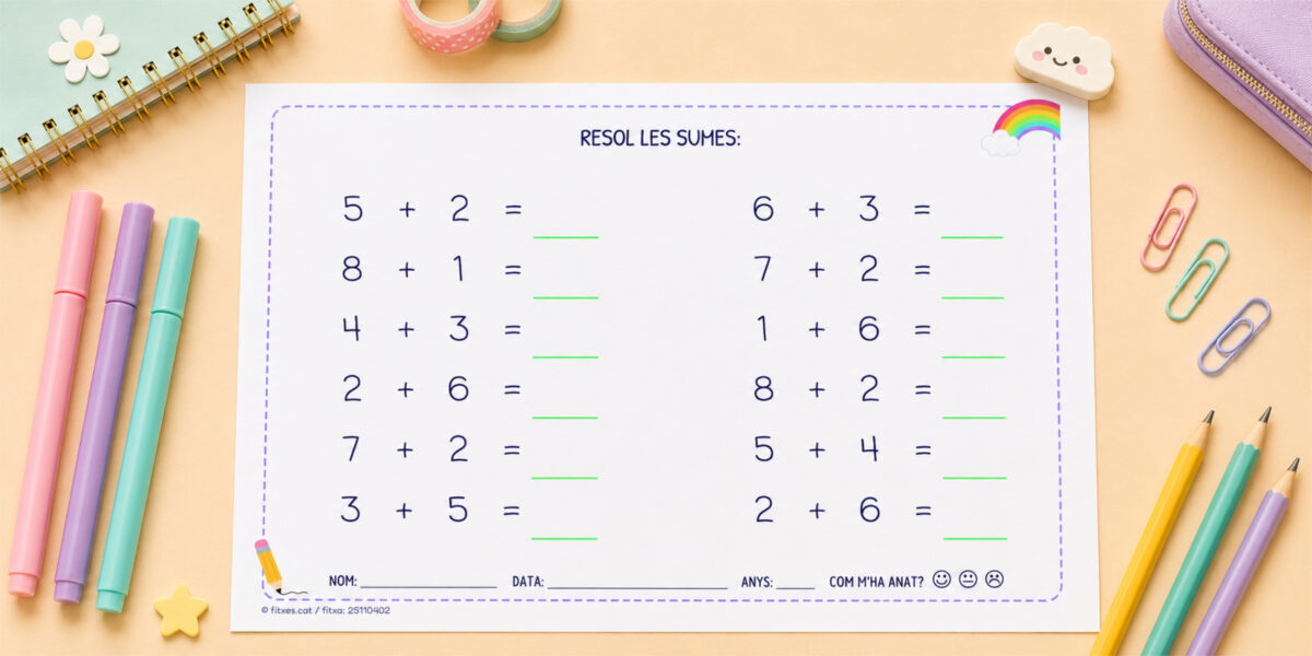 Fitxa de sumes senzilles amb resultat fins a 10 per a I5 i 1r de Primària en català.