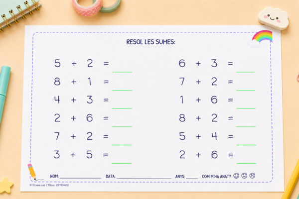 Fitxa de sumes senzilles amb resultat fins a 10 per a I5 i 1r de Primària en català.