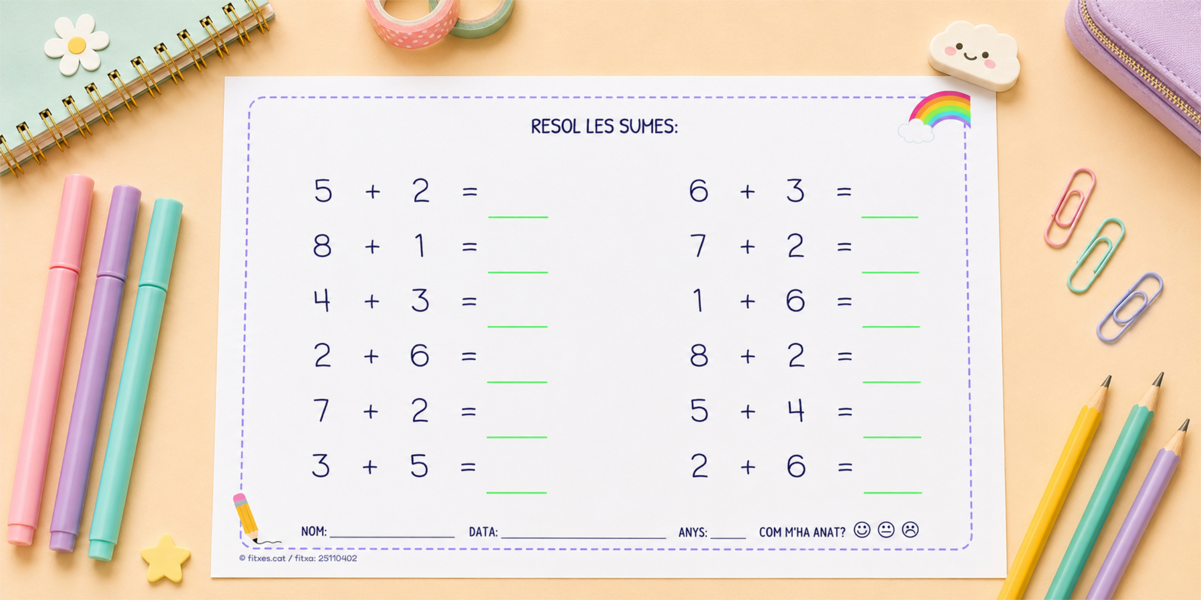 Fitxa de sumes senzilles amb resultat fins a 10 per a I5 i 1r de Primària en català.