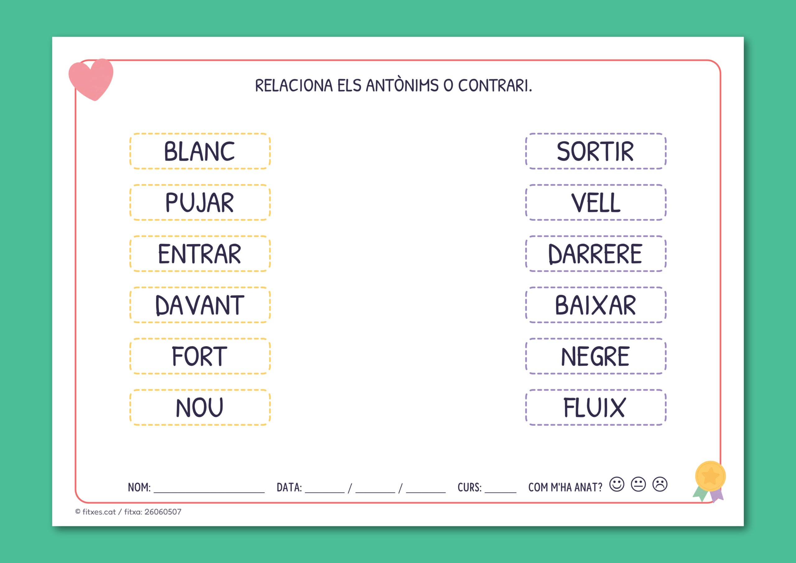 Activitat imprimible per relacionar antònims i contraris per a 1r i 2n de Primària en català.