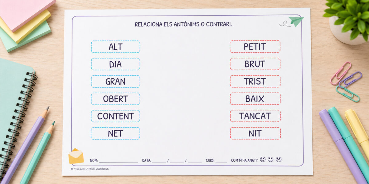 Fitxa per relacionar antònims i contraris per a 1r i 2n de Primària en català.