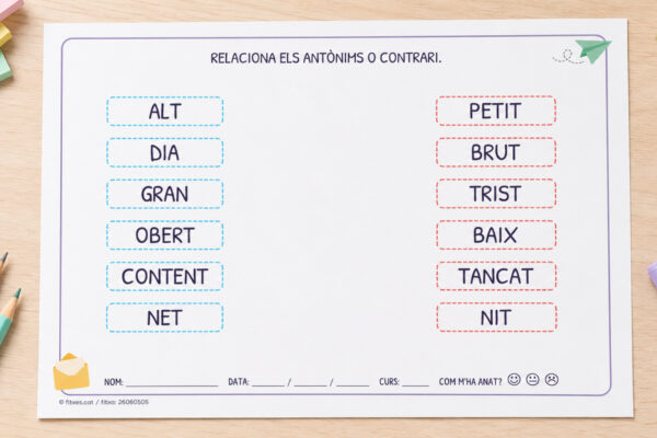 Fitxa per relacionar antònims i contraris per a 1r i 2n de Primària en català.
