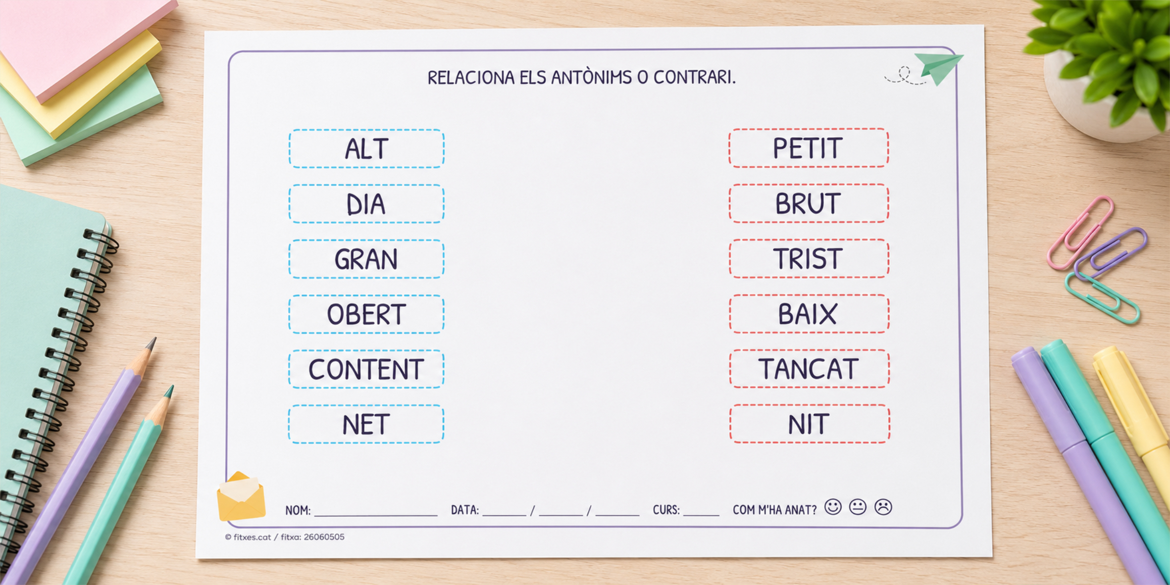 Fitxa per relacionar antònims i contraris per a 1r i 2n de Primària en català.