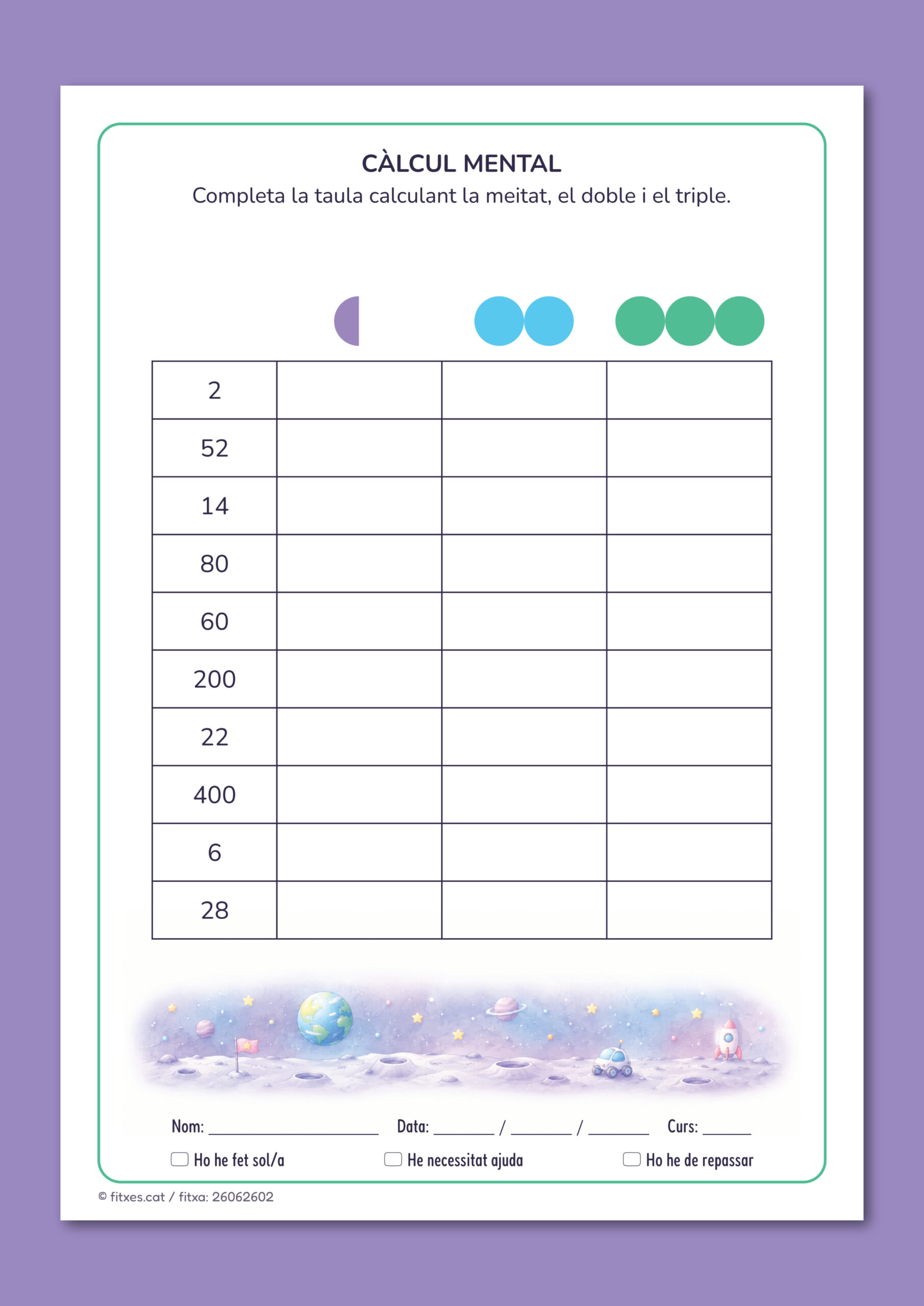 Activitat imprimible per calcular la meitat, el doble i el triple per a 3r de Primària en català.