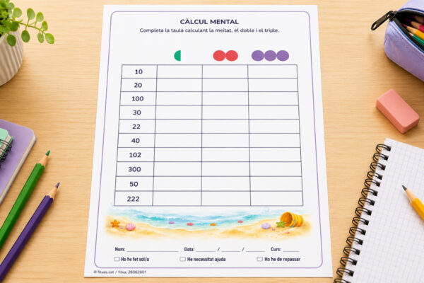Fitxa de càlcul mental de la meitat, el doble i el triple per a 3r de Primària en català.