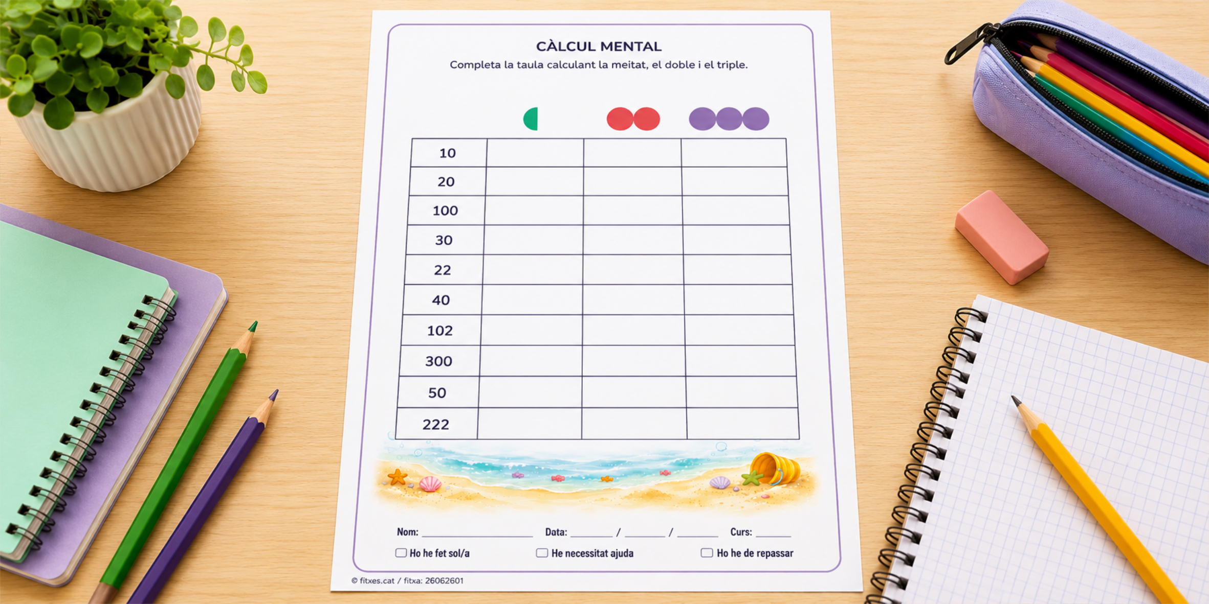 Fitxa de càlcul mental de la meitat, el doble i el triple per a 3r de Primària en català.