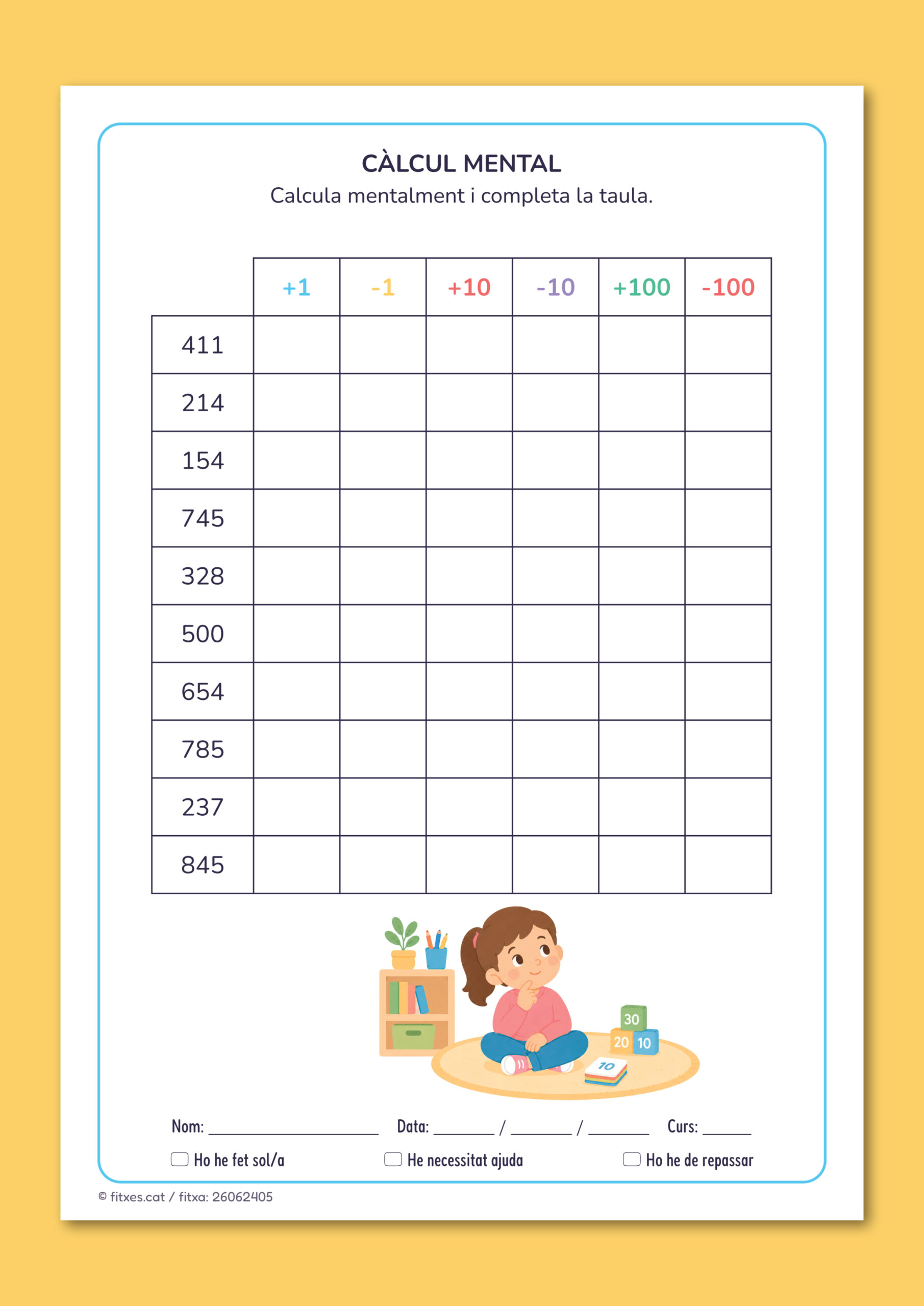 Activitat imprimible de càlcul mental amb taula per a 3r de Primària en català.