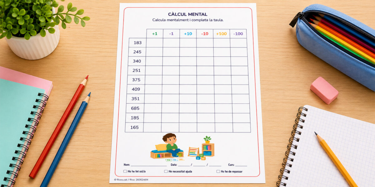 Fitxa de càlcul mental amb taula de +1 -1 +10 -10 +100 -100 per a 3r de Primària en català.
