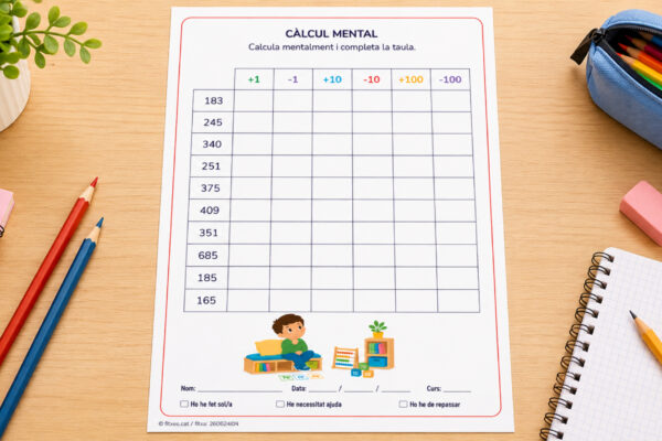 Fitxa de càlcul mental amb taula de +1 -1 +10 -10 +100 -100 per a 3r de Primària en català.