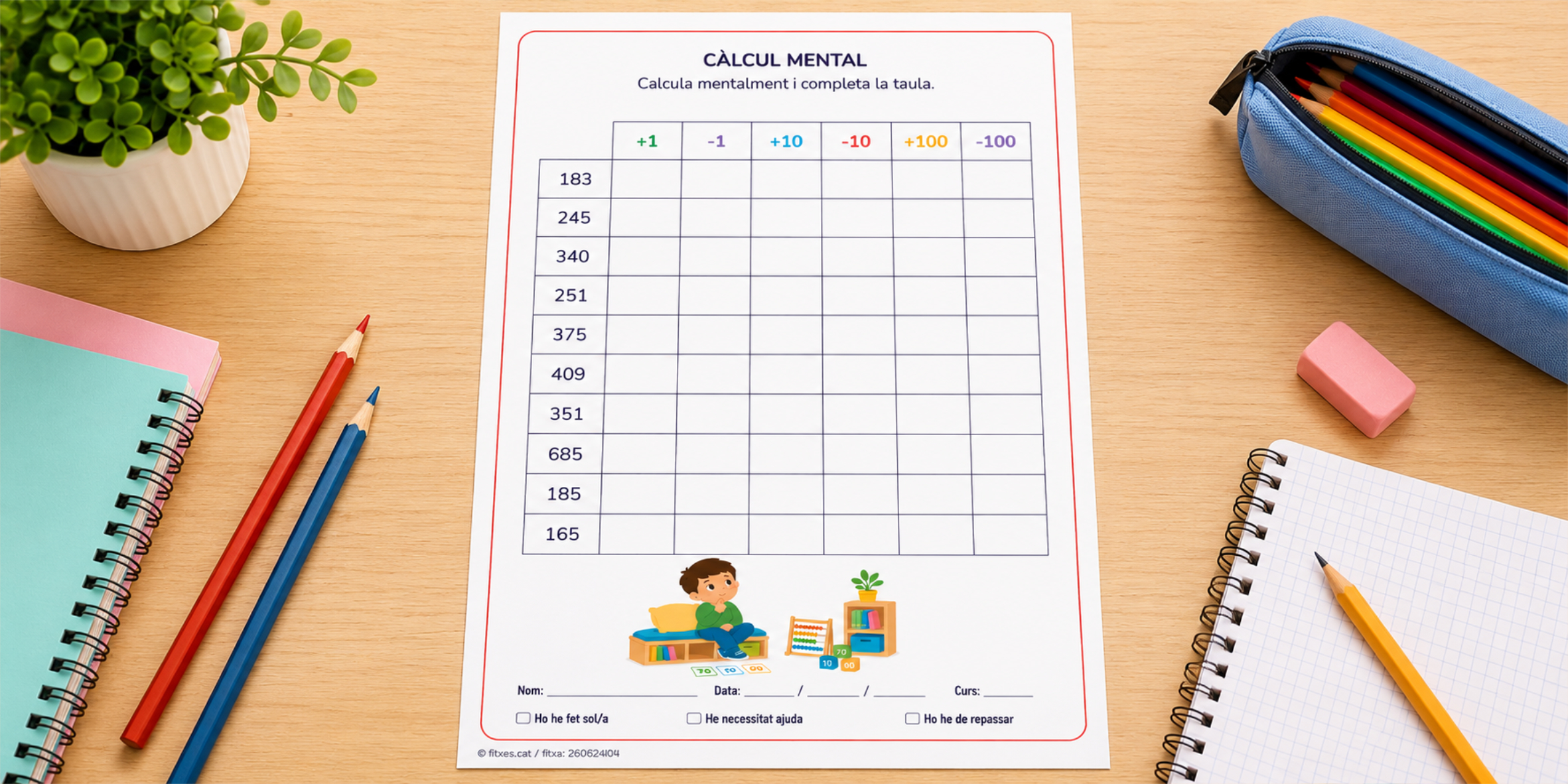 Fitxa de càlcul mental amb taula de +1 -1 +10 -10 +100 -100 per a 3r de Primària en català.