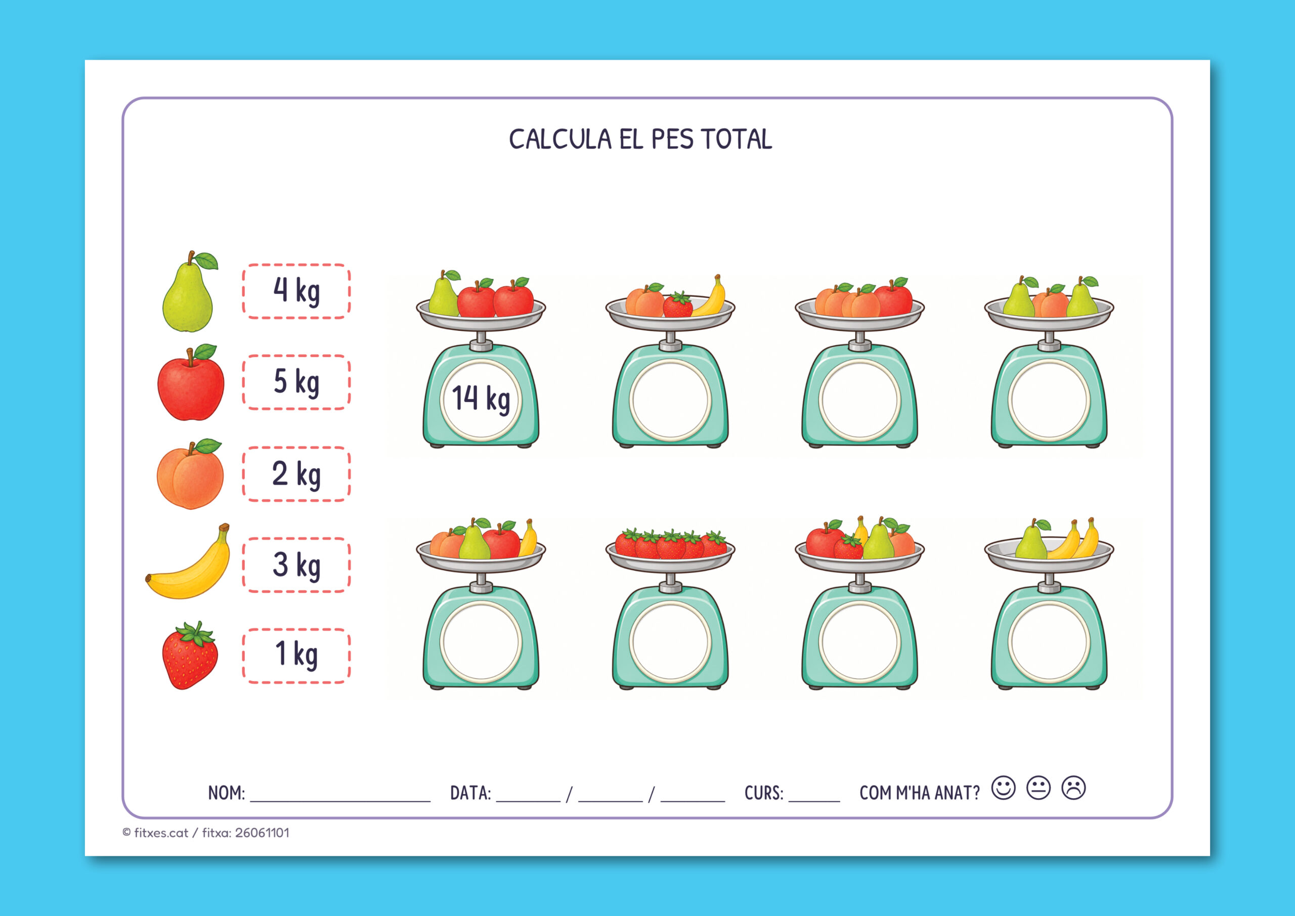 Activitat imprimible per calcular el pes total d'una balança amb fruites per a 1r i 2n de Primària en català.