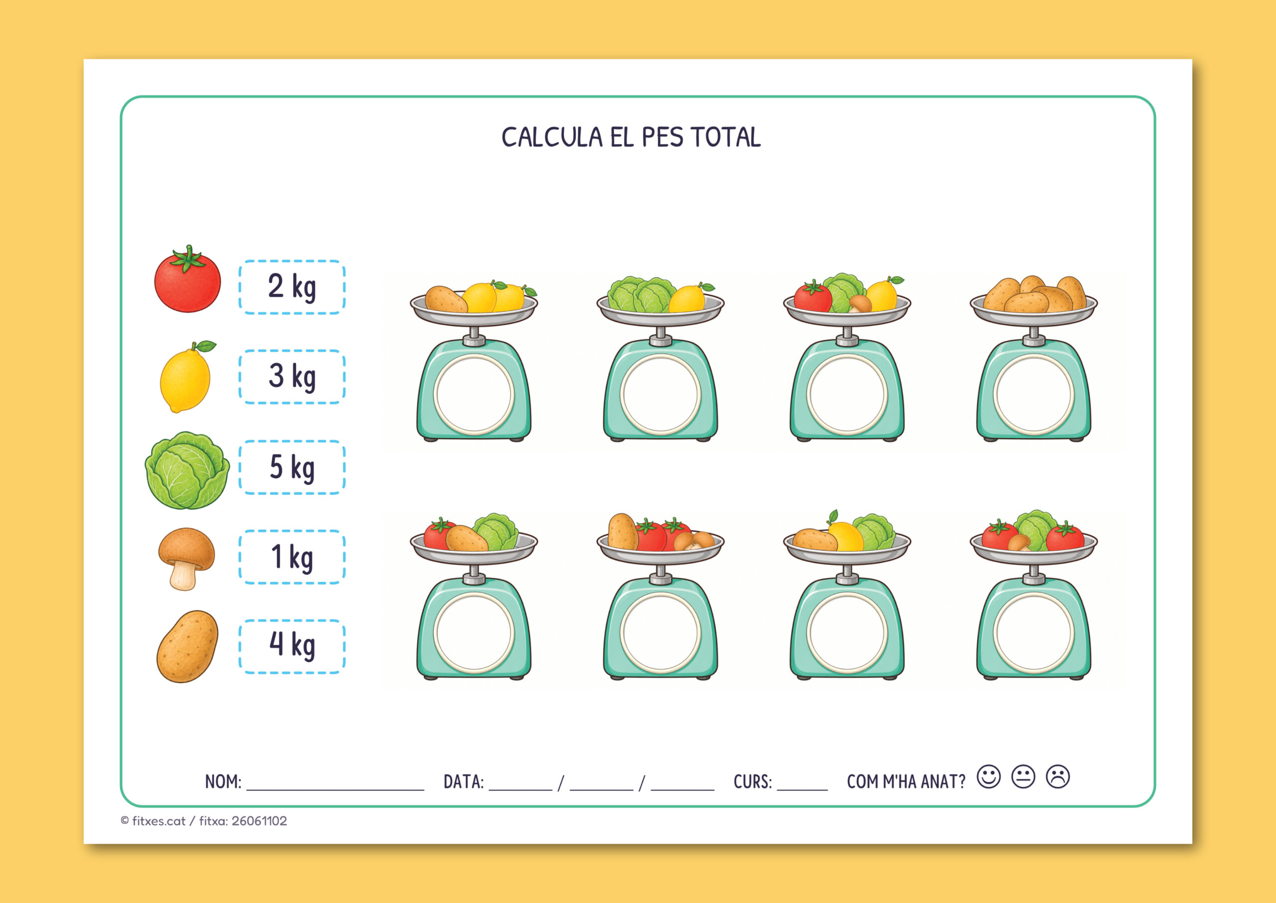 Activitat imprimible per calcular el pes total d'una balança amb verdures per a 1r i 2n de Primària en català.
