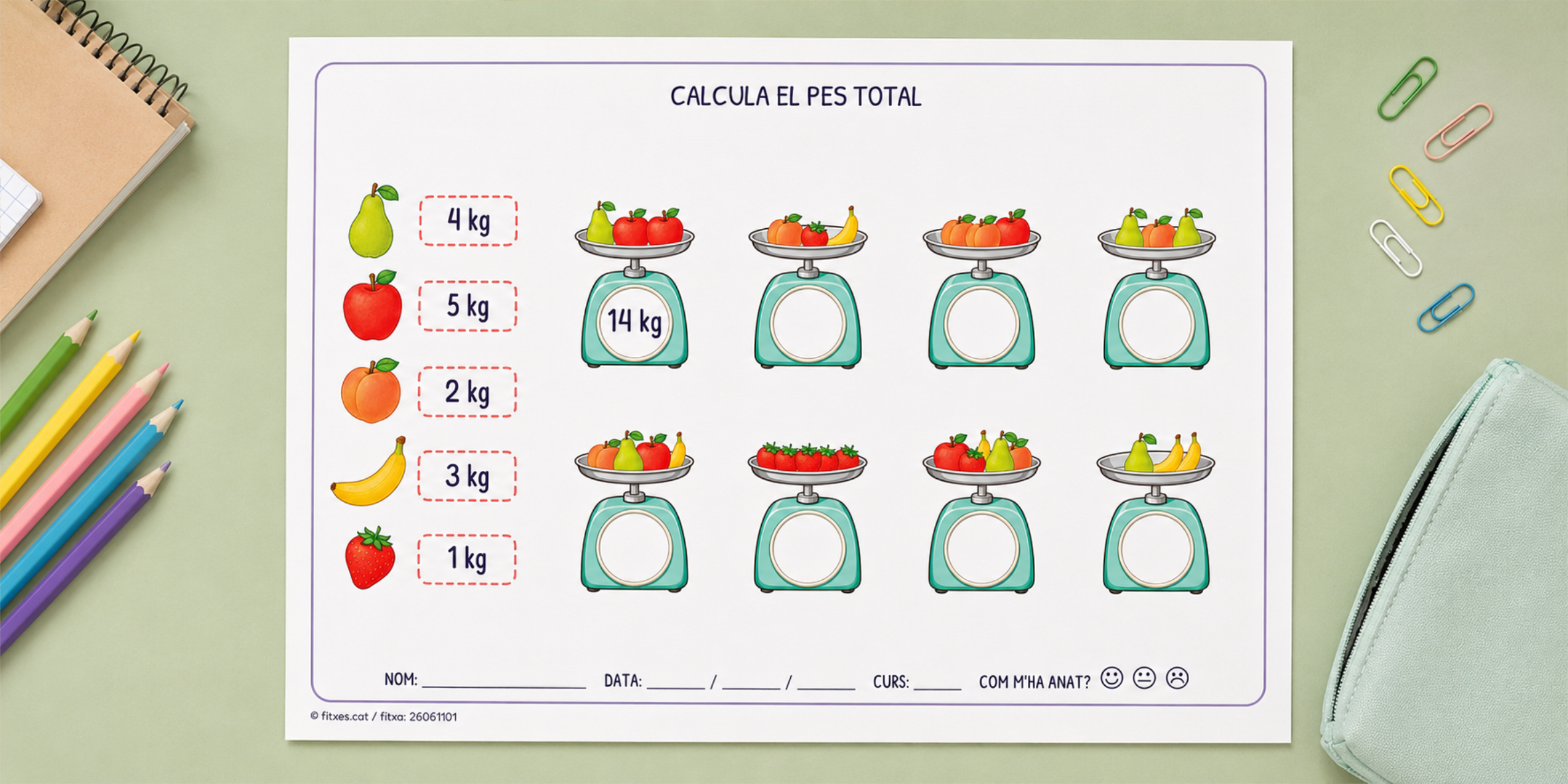 Fitxa per calcular el pes total d'una balança amb fruites i verdures per a 1r i 2n de Primària en català.