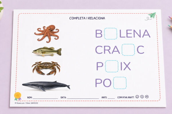 Fitxa per completar i relacionar noms d'animals marins per a I4 en català.