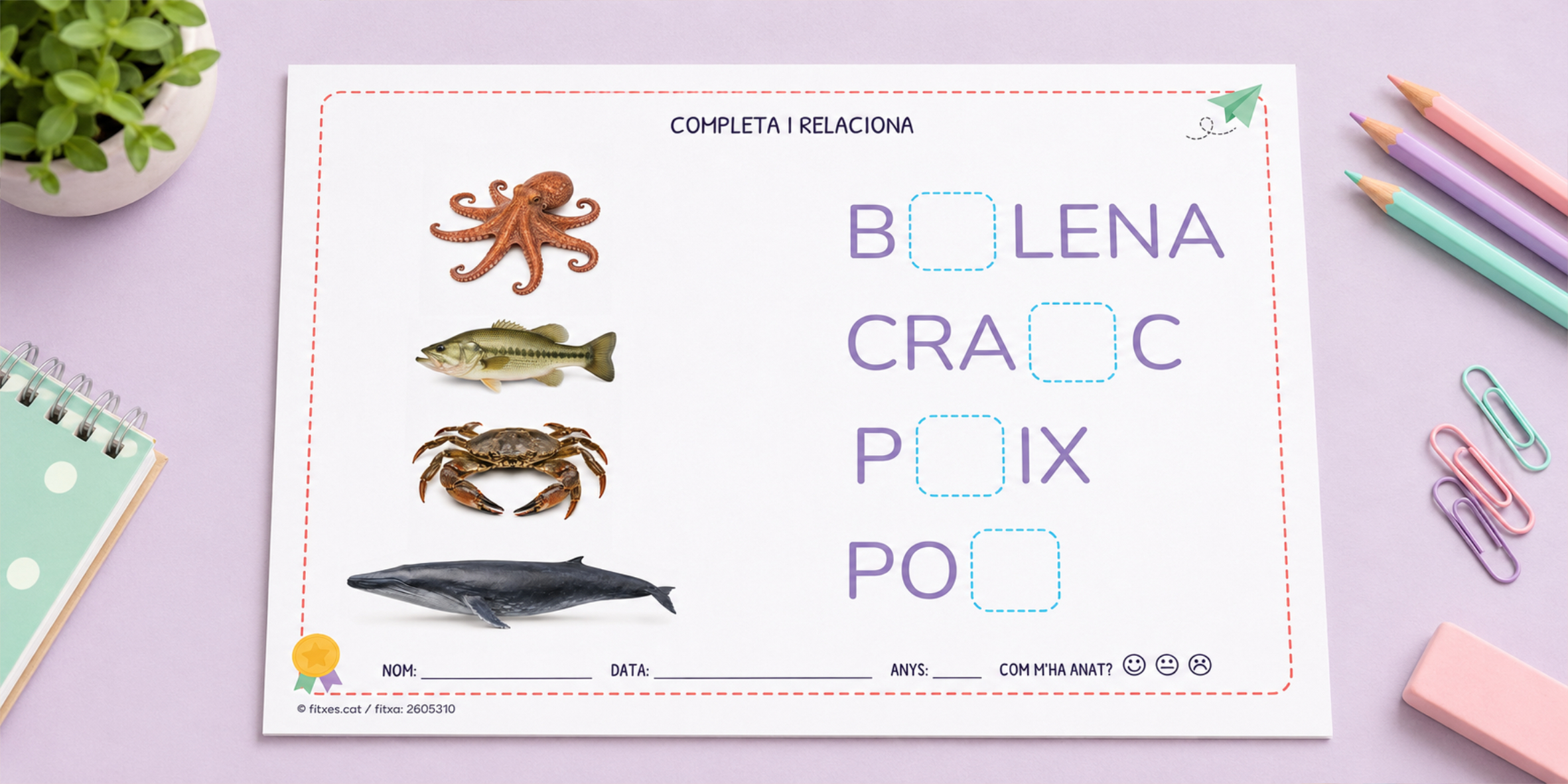 Fitxa per completar i relacionar noms d'animals marins per a I4 en català.