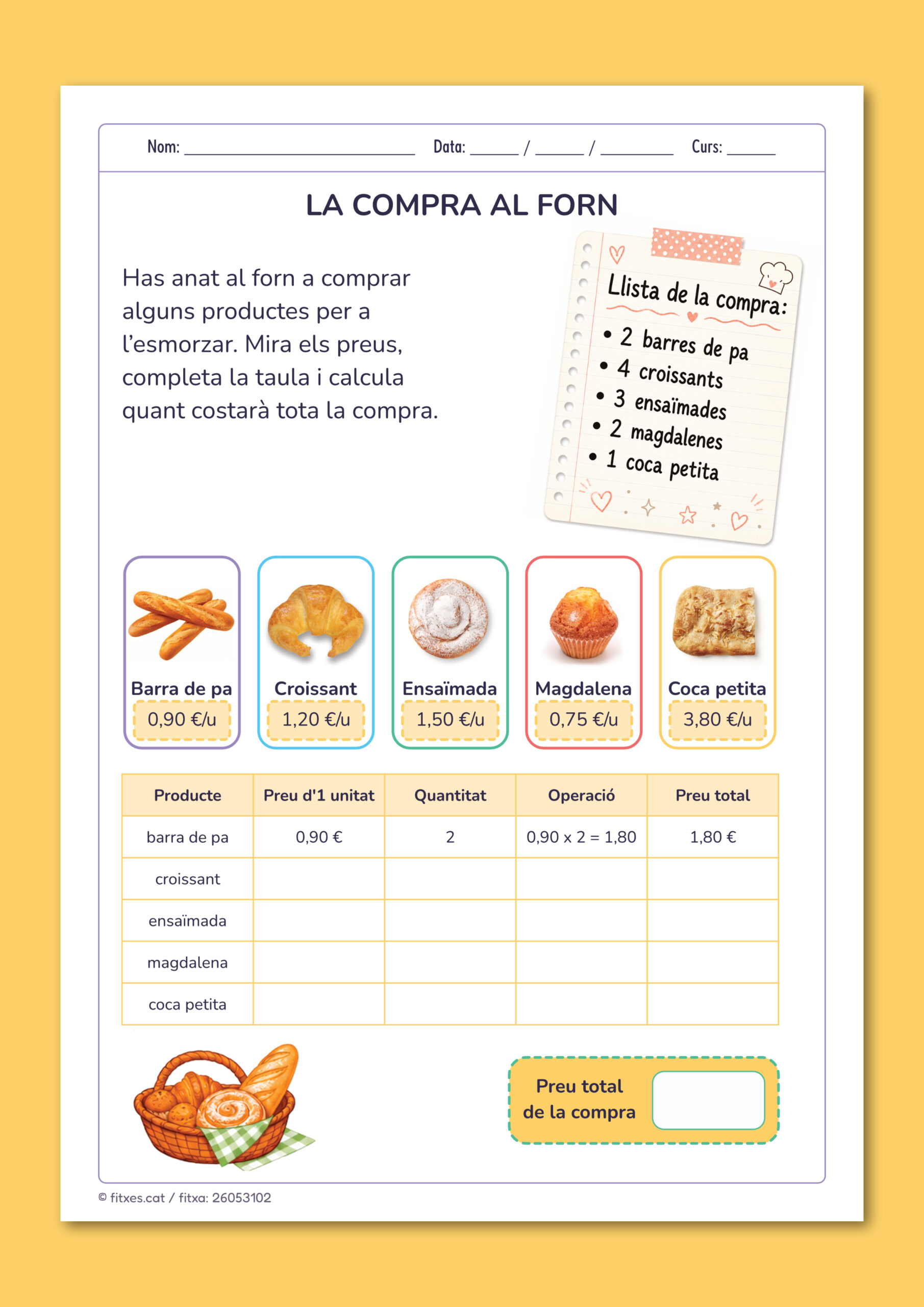 Activitat imprimible de càlcul amb preus i decimals per a 5è i 6è de Primària en català.