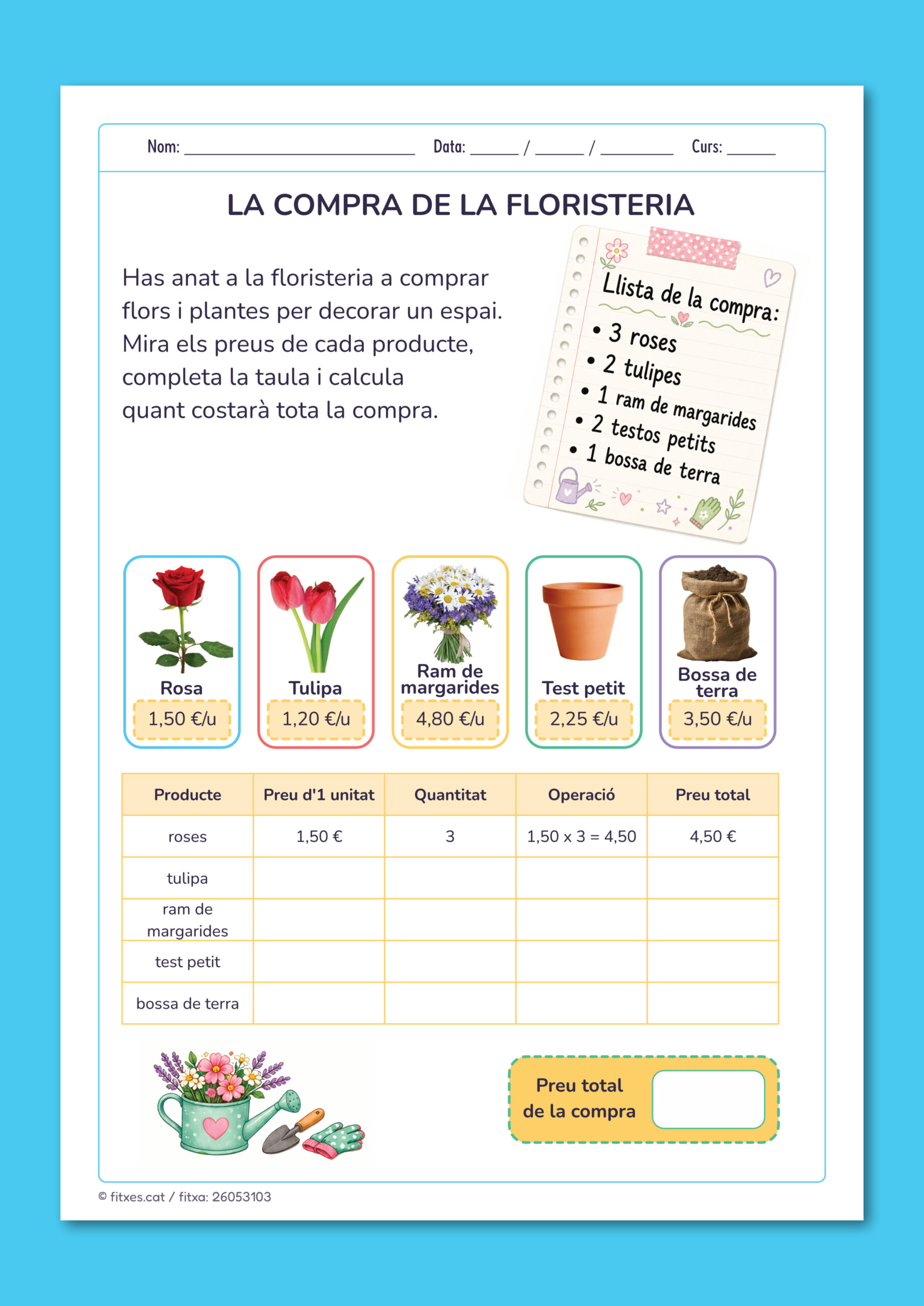 Activitat imprimible de càlcul amb preus i decimals per a 5è i 6è de Primària en català.