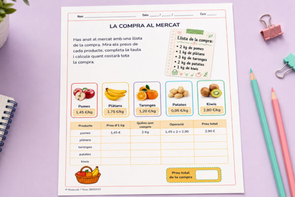 Fitxa de càlcul amb decimals fent la compra al mercat per a 5è i 6è de Primària en català.
