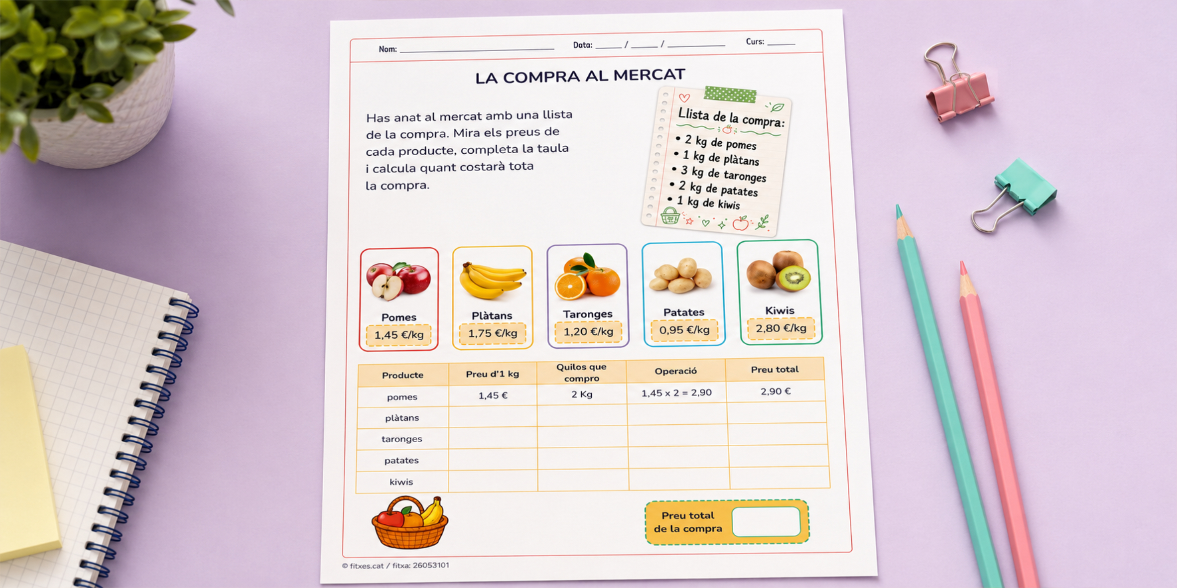 Fitxa de càlcul amb decimals fent la compra al mercat per a 5è i 6è de Primària en català.