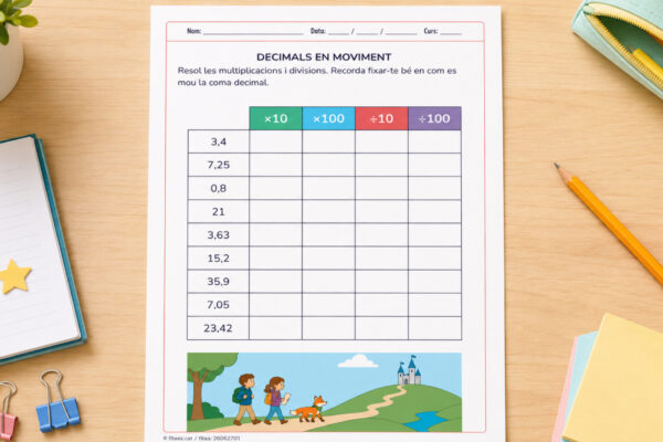 Fitxa de decimals en moviment multiplicant i dividint per 10, 100 i 1000 per a 5è i 6è de Primària en català.