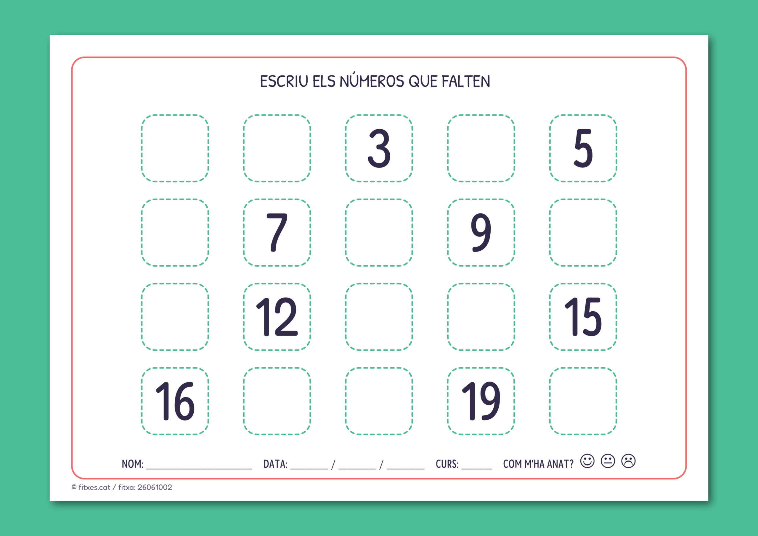 Activitat imprimible per completar la seqüència numèrica fins al 20 per a 1r de Primària en català.